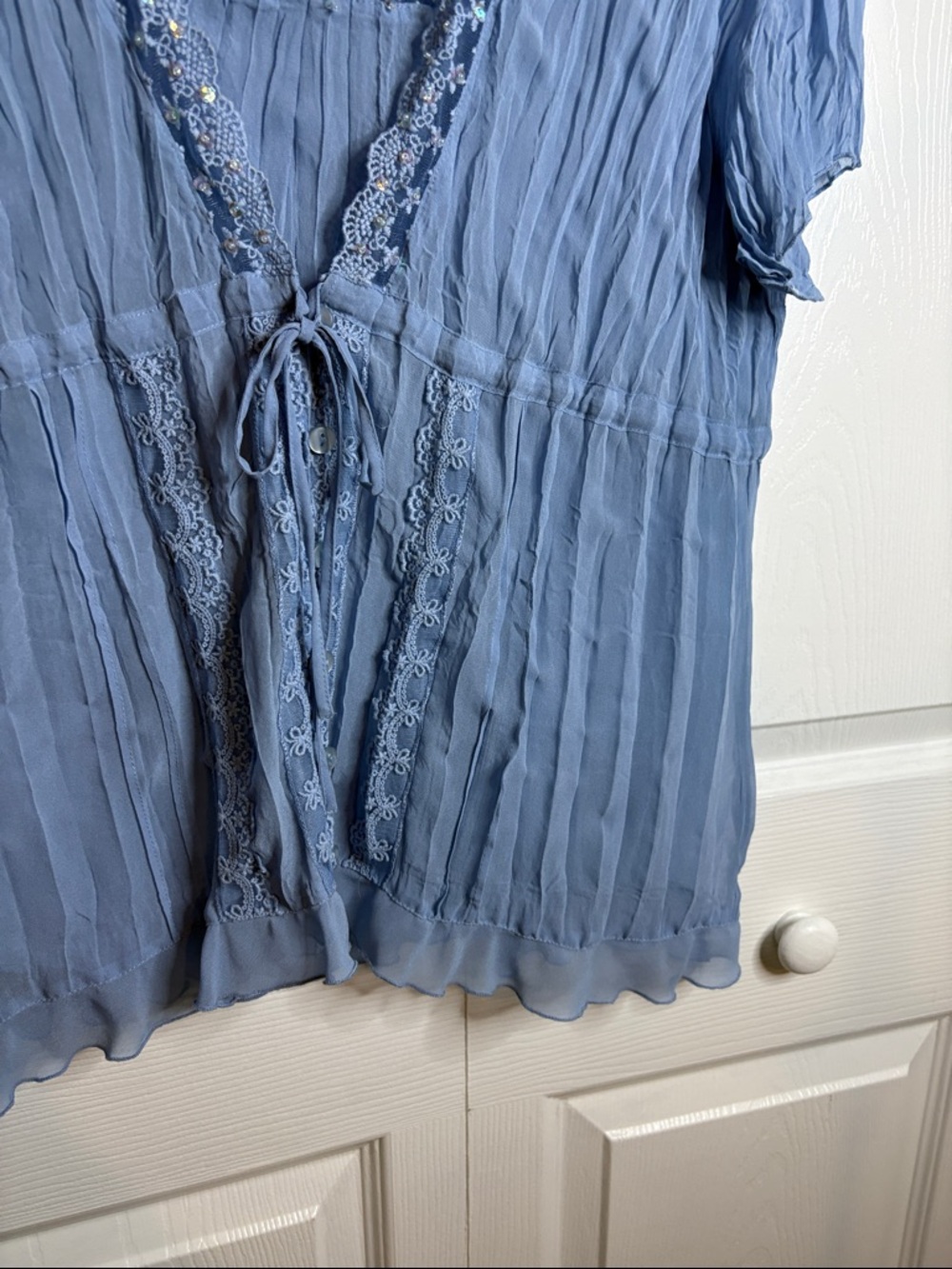 Notations Light Blue Lace-Trim Tie-Front Blouse - Picture 5 of 8